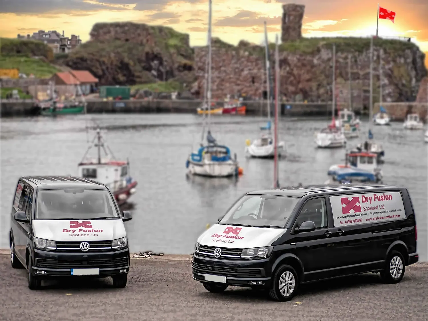 DryFusion Scotland vans parked at Dunbar harbour