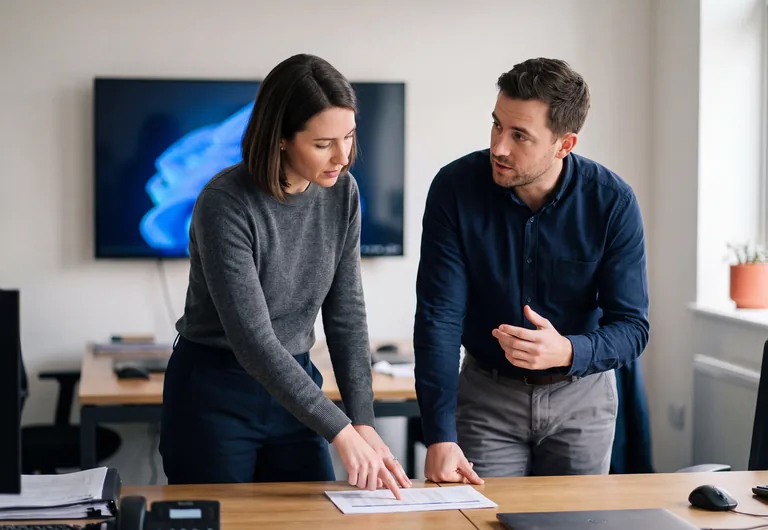 Two colleagues discussing a printed monthly marketing report at a desk